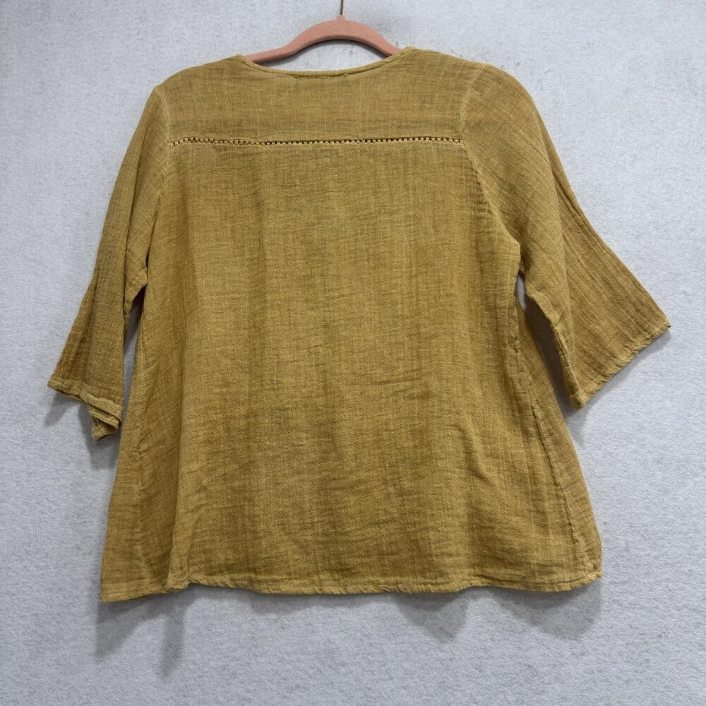 Made in Italy Linen Cotton Peasant Blouse Womens Large Mustard Tie Tassel Boho - Picture 7 of 9